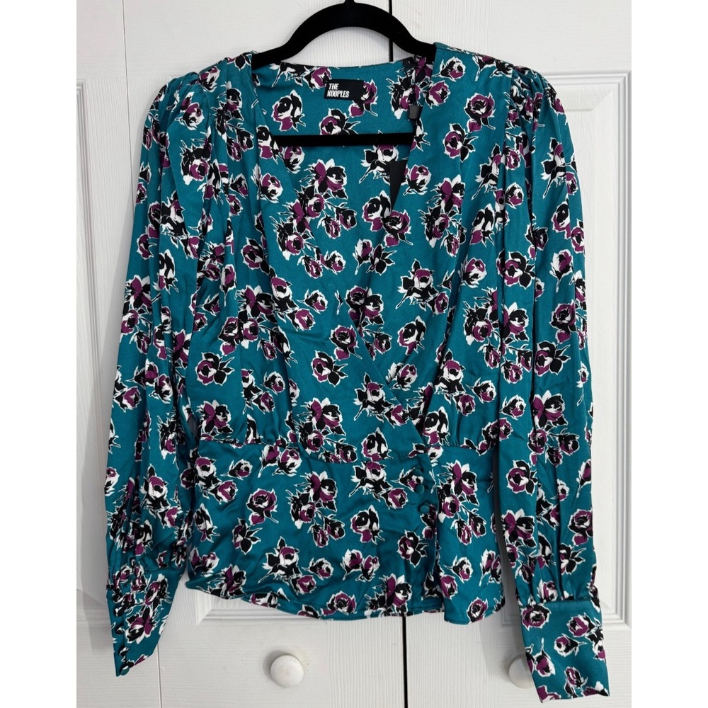 NWT The Kooples Crossover Blouse Top Women 1 Blue/Pink Floral Long Sleeve Casual